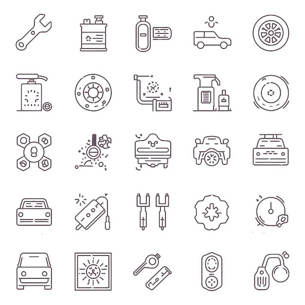 Zestaw kolekcji technologii jazdy samochodowej Ręcznie narysowany Doodle Line Icon Wektor na białym