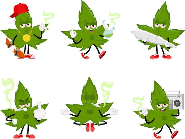 Zestaw kolekcji Vector Flat Design Funny Marijuana Leaf Cartoon Character