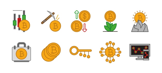 Zestaw kolorowej ikony krypto Bitcoina i symbolu łańcucha bloków kolorowa kolekcja Wektor waluty cyfrowej