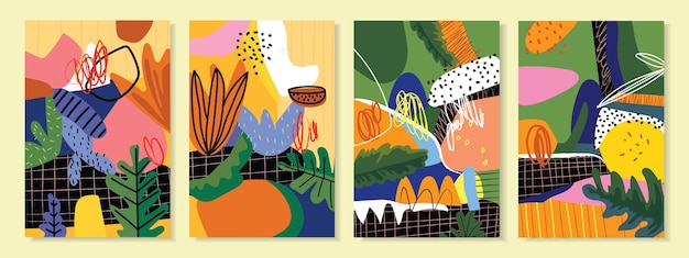 Plik wektorowy zestaw kolorowych abstrakcyjnych kształtów linii sztuki ręcznie rysowane wektor ilustracja projekt tła
