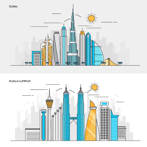 Zestaw Kolorowych Banerów Dla Miasta Dubaj I Kuala Lumpur. Koncepcje Banera Internetowego I Materiałów Drukowanych. Ilustracja