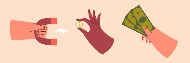 Plik wektorowy zestaw kolorowych dłoni trzymających różne przedmioty ręce z magnesem monety dolary