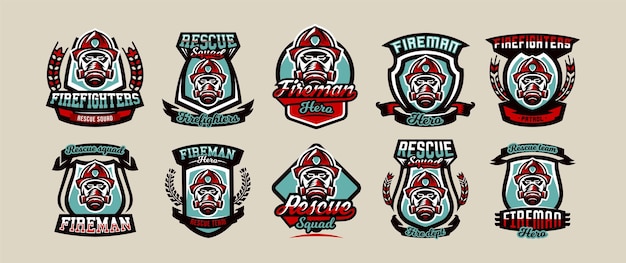 Zestaw Kolorowych Emblematów Ikony Logo Straży Pożarnej Hełm Strażaka I Ilustracja Wektorowa Maski