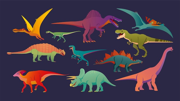 Zestaw kolorowych ikon na białym tle dinozaurów