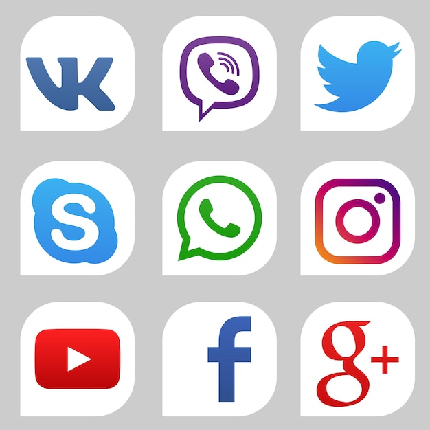 Plik wektorowy zestaw kolorowych ikon popularnych mediów społecznościowych youtube instagram twitter facebook whatsapp google skype viber i vk