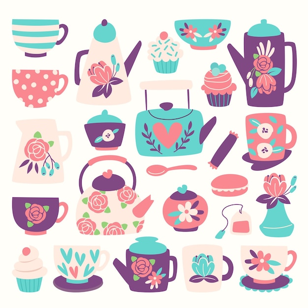 zestaw kolorowych ilustracji zestawu herbaty