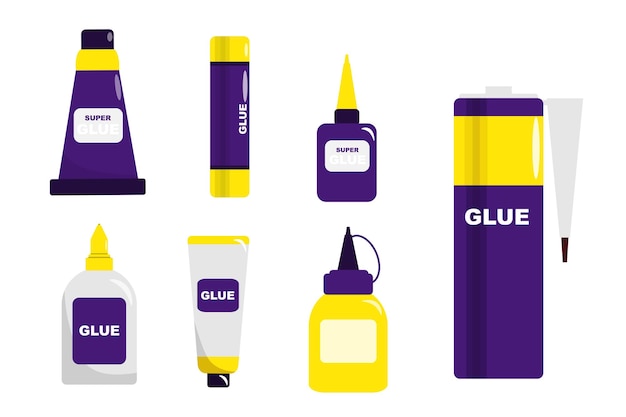 Zestaw kolorowych klejów w stylu kreskówkowym Ilustracja wektorowa kleju i superglue w różnych tubach, słoikach, rozmiarach i kształtach na białym tle