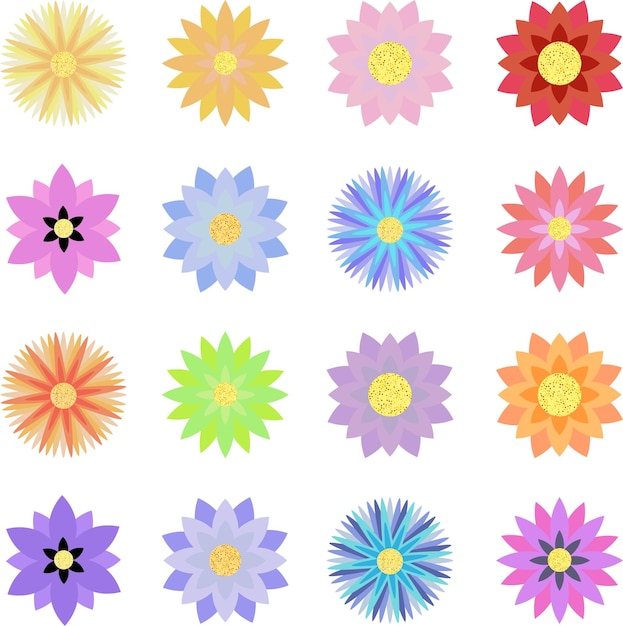 Zestaw kolorowych kwiatów narysowanych kwiatów w wielu kolorach