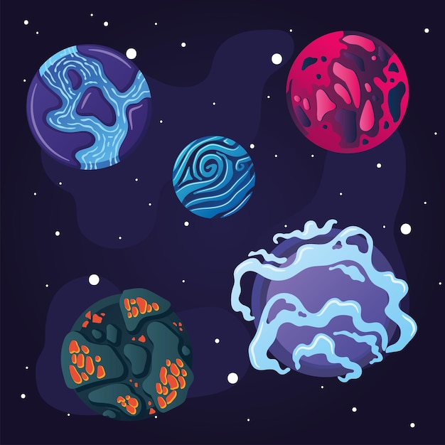 Zestaw kolorowych planet sci fi na tle wszechświata Vector