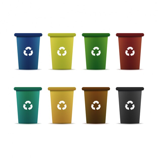 zestaw kolorowych pojemników do recyklingu śmieci na białym tle. Pojęcie środowiska i zanieczyszczenia.