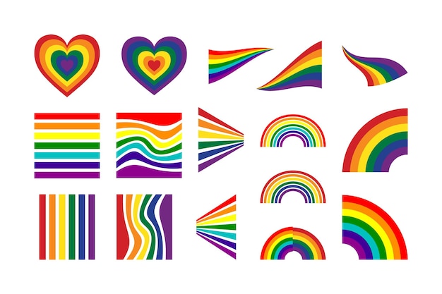 Zestaw kolorowych tęczy serca i fale Kolorowe linie paski na miesiąc dumy lgbt Kolor tęczy