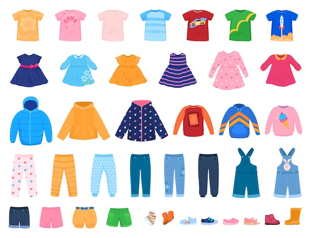 Zestaw Kolorowych Ubrań Dla Dzieci Sukienki Spodnie Szepcze Swetry Koszulki Ilustracji Wektorowych