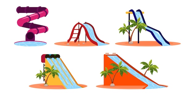 Plik wektorowy zestaw kolorowych zjeżdżalni wodnych w stylu kreskówki ilustracja wektorowa atrakcji dla parku wodnego o różnych kształtach i wysokościach na białym tle