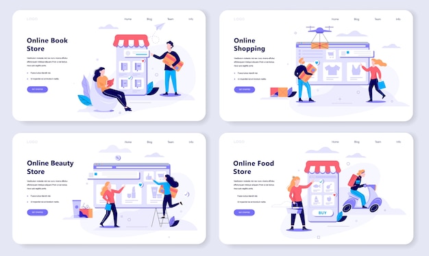 Zestaw Koncepcji Banerów Internetowych Zakupów Online. E-commerce, Klient W Sprzedaży. Aplikacja Na Telefon Komórkowy. Sklep Z Książkami, Kosmetykami I żywnością. Ilustracja W Stylu