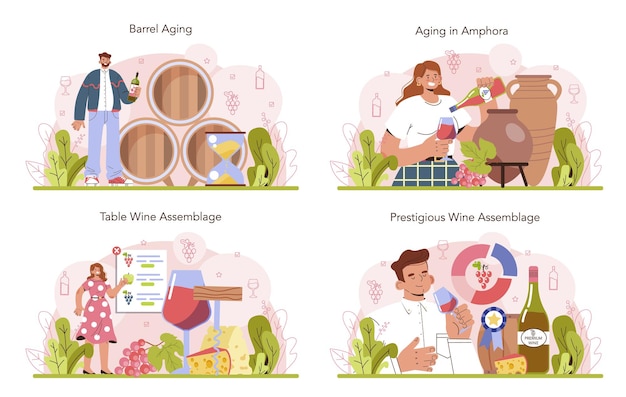 Zestaw Koncepcji Produkcji Wina. Dojrzewanie Wina W Drewnianej Beczce Lub Glinianej Amforze. Zestaw Cech Charakterystycznych Stołu I Prestiżowego Trunku. Wino Gronowe W Butelce Lub Kieliszku. Płaska Ilustracja Wektorowa