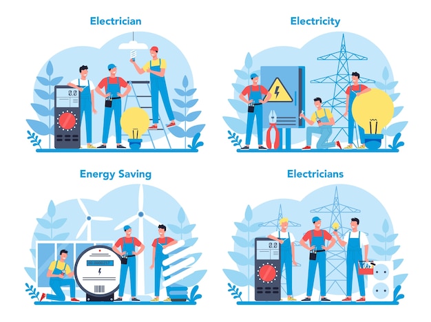 Zestaw Koncepcji Usług Działa Energii Elektrycznej. Profesjonalny Pracownik W Mundurze Naprawy Elementu Elektrycznego. Technik Naprawy I Oszczędność Energii.