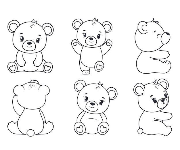 Zestaw konturów ślicznych młodych ilustracji wektorowych kreskówek Niedźwiedź