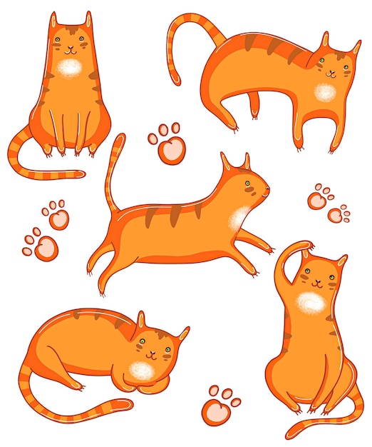 Plik wektorowy zestaw kotów w różnych pozach czerwony kot wektorowy zwierzę bawi się w czasie odpoczynku