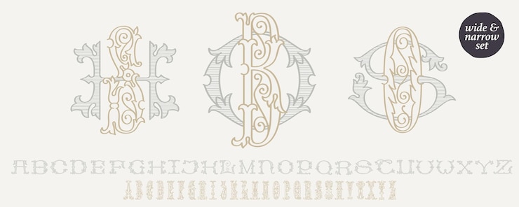 Zestaw kreatora monogramów ślubnych AZ Elegancki styl historyczny Zestaw zawiera szeroki i wąski