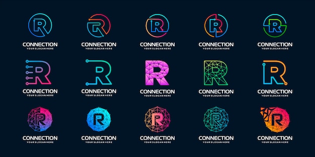 Plik wektorowy zestaw kreatywnych liter r logo nowoczesnej technologii cyfrowej. logo może być używane do technologii, technologii cyfrowej, łączności, firmy elektrycznej.