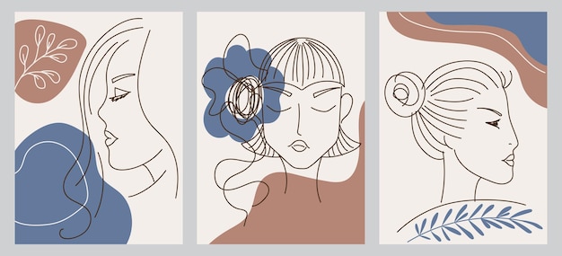 Plik wektorowy zestaw kreatywnych ręcznie malowanych jednej linii abstrakcyjne kształty minimalistyczny obraz ikony portret kobiety kwiaty liście na pocztówkę plakat afisz broszura projekt okładki webx9