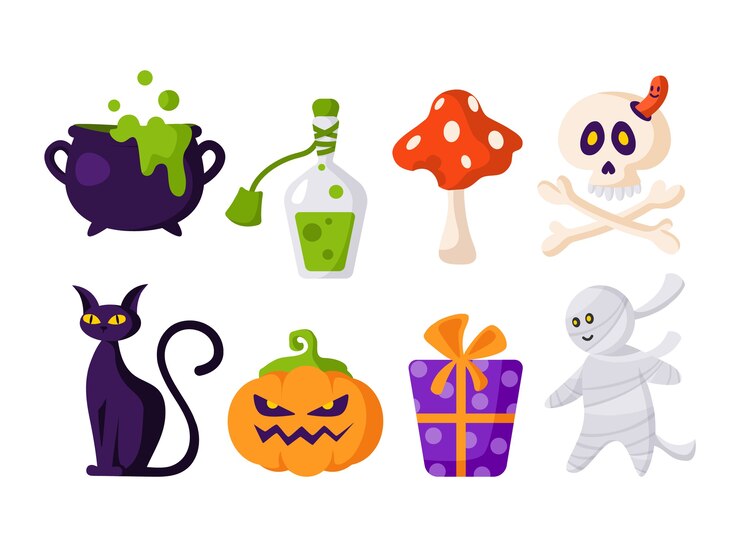 Wektor zestaw kreskówek halloween - straszna latarnia z dyni, czaszka i kości, pudełko, czarny kot, eliksir, kocioł, muchomor, mumia - na białym tle wektor