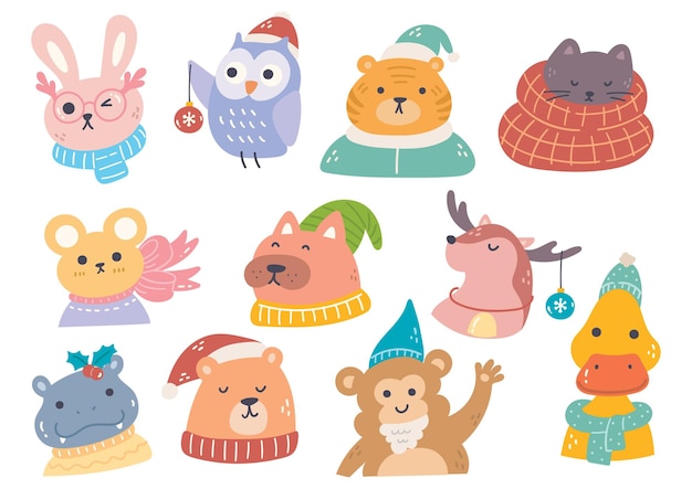 Zestaw kreskówka Boże Narodzenie zwierząt wektor clipart