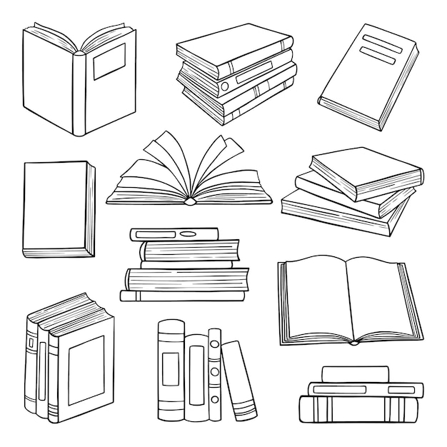 Plik wektorowy zestaw książek bibliotecznych wyciągnąć rękę doodle.