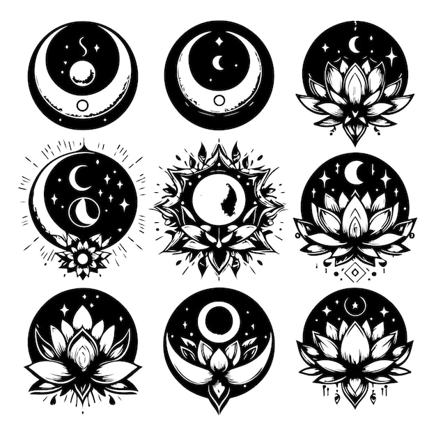 Plik wektorowy zestaw księżyców z lotosem i fazami księżyca zestaw projektowania logo tatuażu czarownicy mystic boho logo projektowanie elem