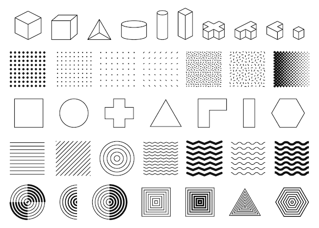 Zestaw kształtów i tekstur geometrycznych Abstrakcyjny projekt tła Obiekty dla oszczędzaczy ekranu banerów