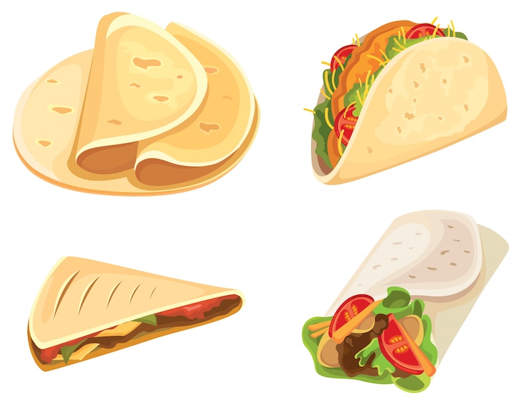 Wektor zestaw kuchni meksykańskiej. tortilla, taco, burrito, quesadilla.