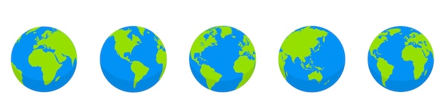 Plik wektorowy zestaw kuli ziemskiej. mapa świata w kształcie kuli ziemskiej. kolekcja globusy ziemi na białym tle. płaski styl