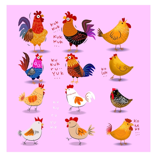 Plik wektorowy zestaw kurczak kura kogut drób gospodarstwo zwierzę ikona charakter ręcznie rysowane ilustracji wektorowych
