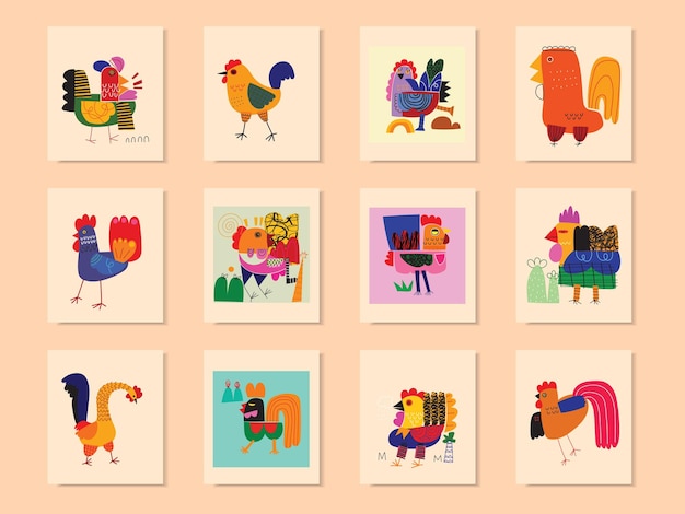 Plik wektorowy zestaw kurczaków, kur i kogutów, ikona postaci ilustracji wektorowych. zwierzę hodowlane drobiu w kreskówce