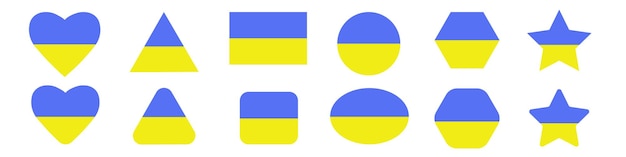 Zestaw kwadratowy, okrągły, trójkątny, gwiazda, romb, serce i kształt gwiazdy. Flaga Ukrainy. symbol narodowy