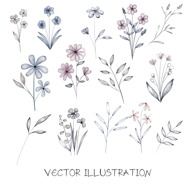 Plik wektorowy zestaw kwiatów ciemnoniebieskich i fioletowych ilustracji
