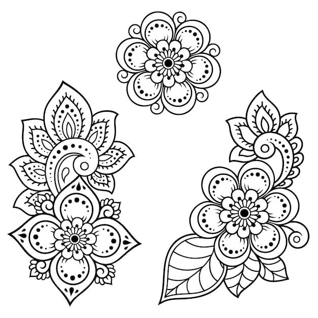 Zestaw Kwiatów Mehndi. Ozdoba W Etnicznym Stylu Orientalnym, Indyjskim. Doodle Ornament. Ilustracja Rysować Ręka Zarys.