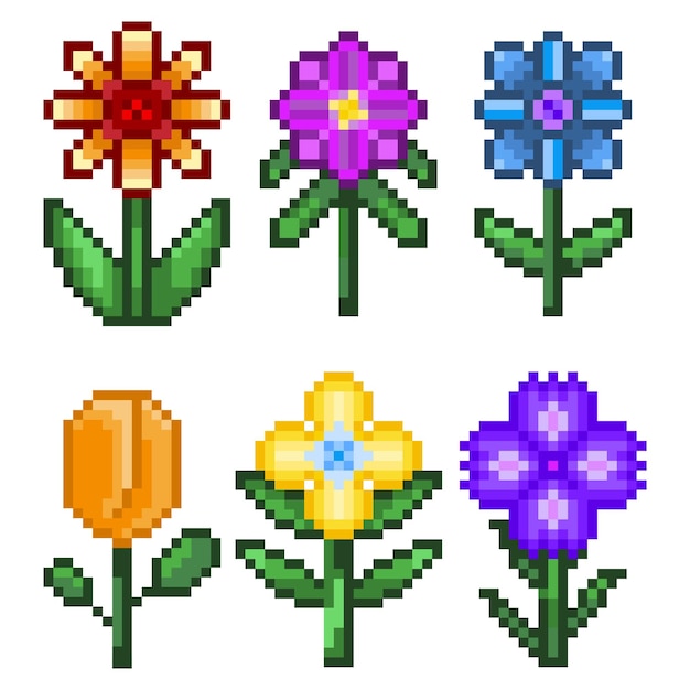 Zestaw kwiatów pikselowe Zbiór kwiatów kolorowych 8bit sprite Ilustracja wektorowa izolowana