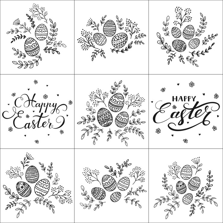 Zestaw kwiatowy wzór i ozdobne jajka na białym tle i napis Happy Easter illustration