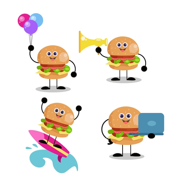 Zestaw ładny Burger Urocza śliczna Wesoła Powrót Do Szkoły Jedzenie Testy Ilustracja Wektorowa3