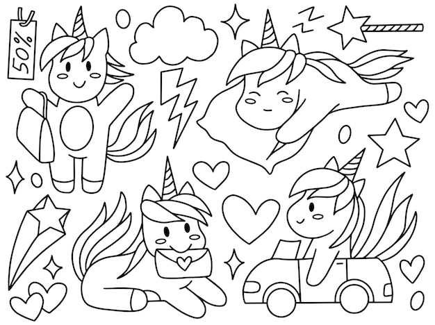 Zestaw ładny jednorożec Doodle Line Art Collection