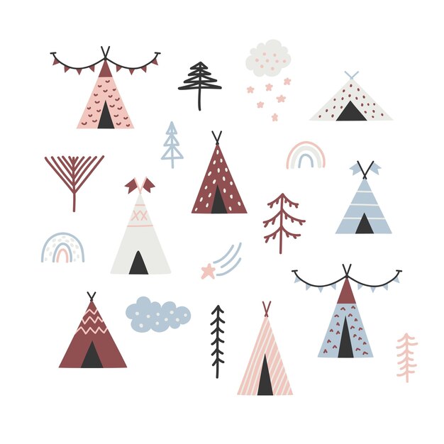Zestaw ładnych dziecinnych ilustracji drzew wigwam, chmur, tęczy i gwiazd