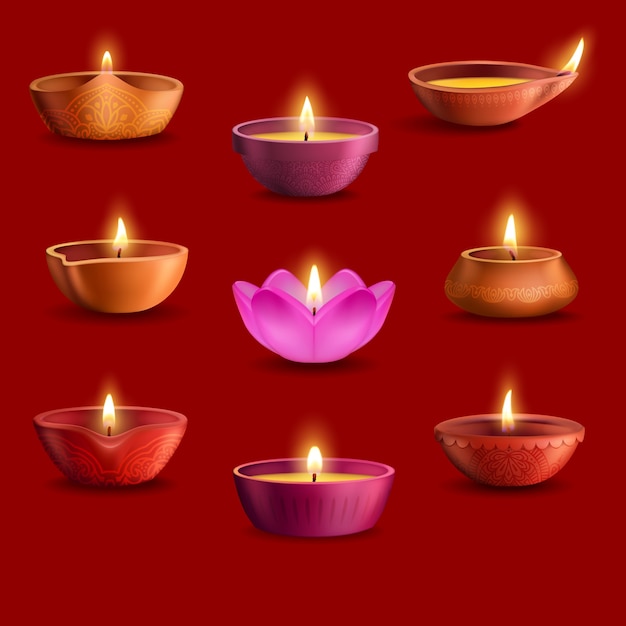 Zestaw lamp Diwali diya z indyjskiego festiwalu światła Deepavali i projektu świątecznej religii hinduskiej. Lampy naftowe z płonącymi płomieniami ognia, gliniane kubki z rangoli w kwiaty paisley, płatki kwiatów