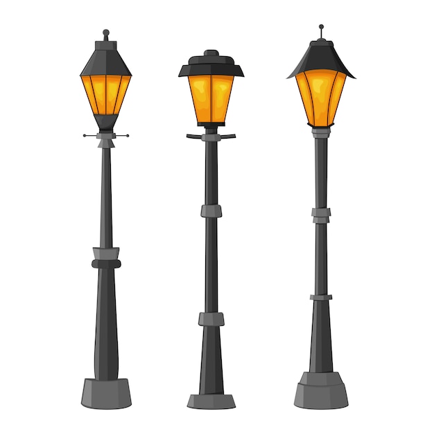 Zestaw lamp ulicznych na białym tle