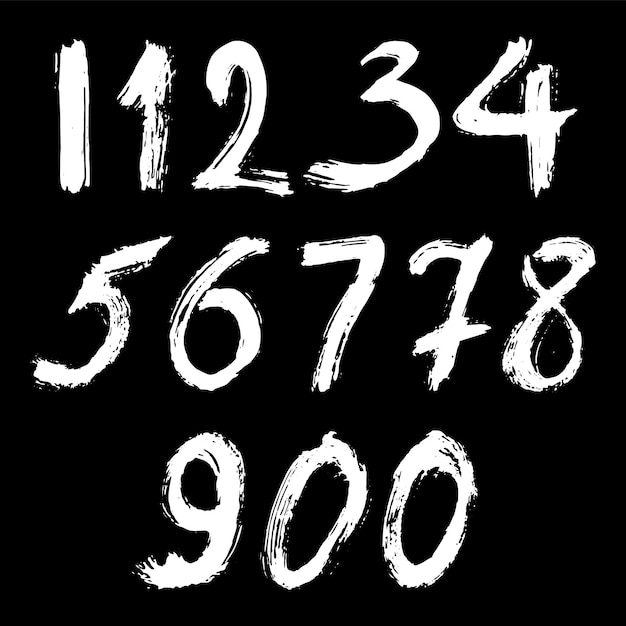 Plik wektorowy zestaw liczb kaligraficznych namalowanych białym pędzlem na odosobnionym czarnym tle literacja dla projektu ilustracja wektorowa