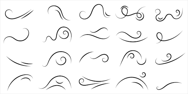 Plik wektorowy zestaw linii wiru, rysunek wiatru, ręcznie narysowana linia krzywa, przepływ powietrza, rysunek ruchu, elementy wiru