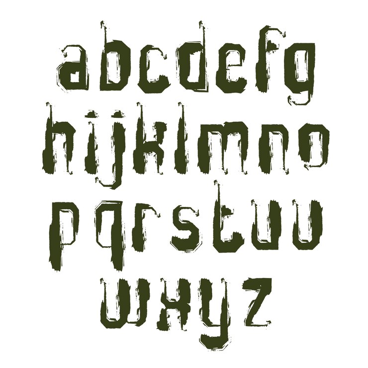 Zestaw liter alfabetu wektorowego, ręcznie rysowane pismo monochromatyczne, jednokolorowe szczotkowane małe litery.
