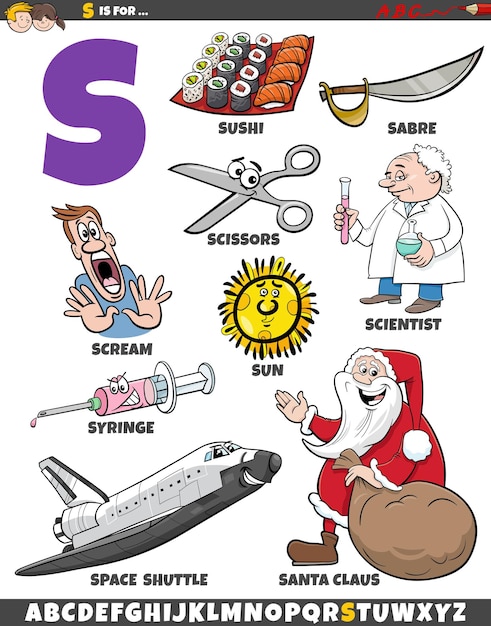 Plik wektorowy zestaw liter s z obiektami i postaciami z kreskówek