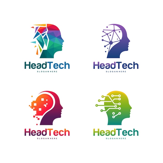 Zestaw Logo Head Tech, Wektor Koncepcja Logo Pixel Head, Szablon Logo Robotic Technology Projektuje Ilustracji Wektorowych