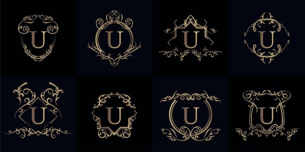 Zestaw Logo Inicjału U Z Luksusowym Ornamentem Lub Ramką Kwiatową